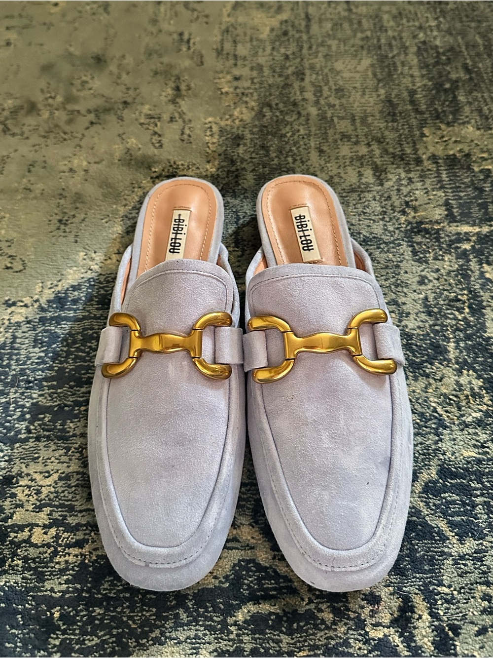 Anthropologie Bibilou Suede Backless Loafers with Gold Horsebit - Light Gray